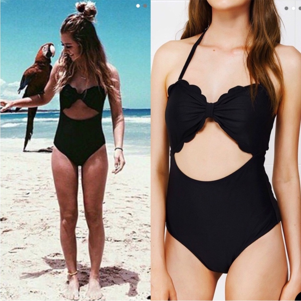 Small, Black scalloped high-waisted one-piece swimsuit with padded bra